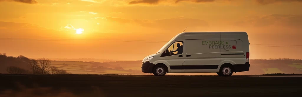 An Embrass Peerless deleivery van with a sunset
