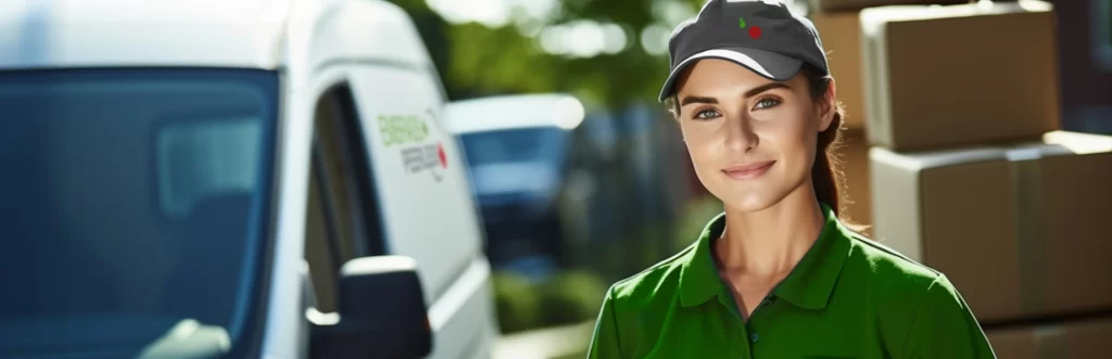 Embrass Peerless delivery person holding a sealed box next to a van