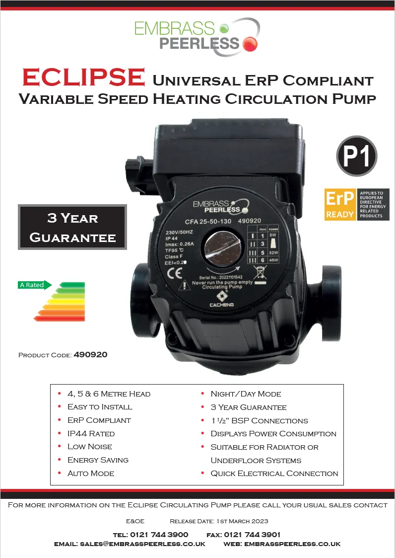 ECLIPSE Universal ErP Compliant Variable Speed Heating Circulation Pump