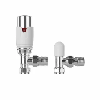 Thermostatic Angled Radiator Valve + l/s 15mm White/Chrome