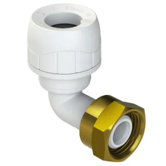 POLYPLUMB Enhanced Tap Connector Bent (Brass Nut) 15mm x 1/2″  White