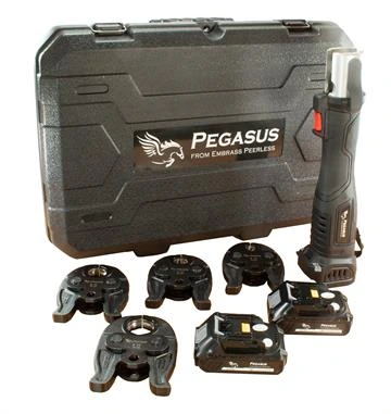 PEGASUS Pressfit Gun with M-Profile Jaws in 15mm, 22mm, 28mm & 35mm & 2x Batteries with Carry Case PEGASUS Pressfit Gun with M-Profile 15mm, 22m, 28mm & 35mm Jaws - Boxed