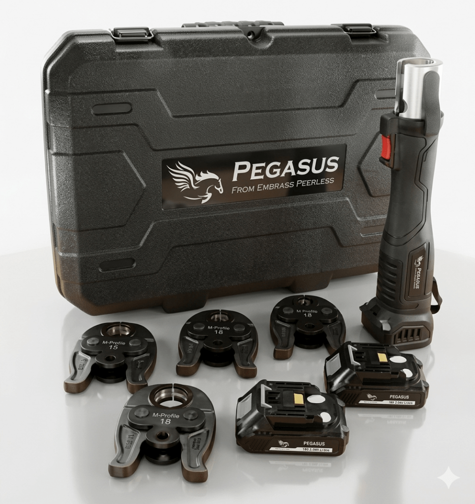 431000 - PEGASUS Pressfit Gun with M-Profile Jaws in 15mm, 22mm, 28mm & 35mm & 2x Batteries with Carry Case